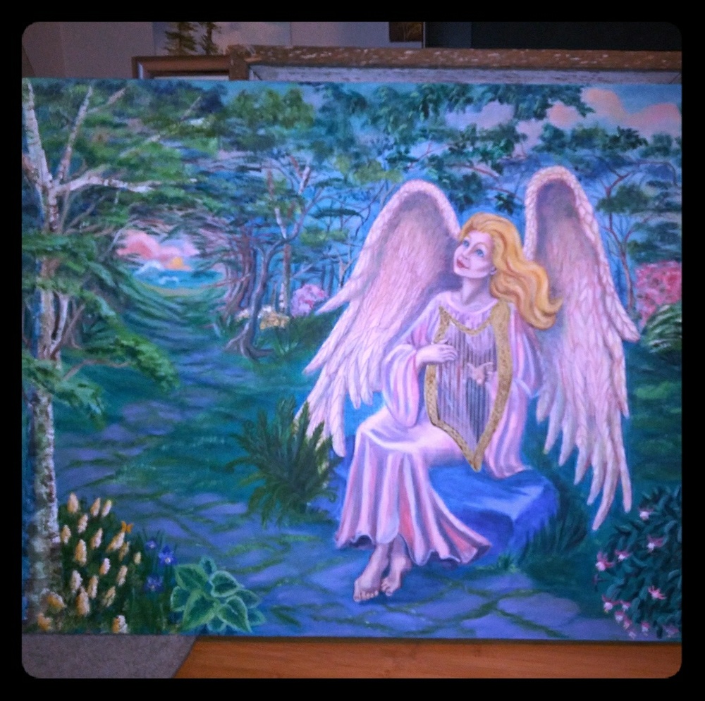 Female Angel Playing A Harp Large Canevas Painting